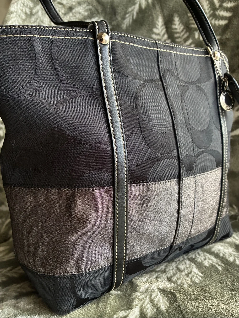 Coach Black Tote with Gray Stripe and Leather Trim